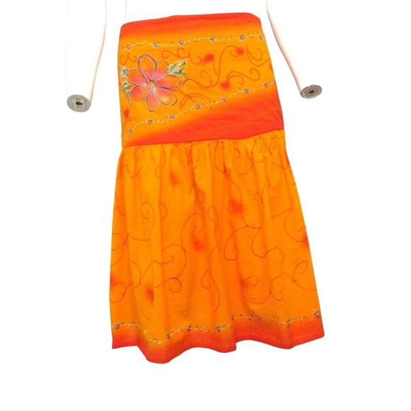 Madrid Hand Painted Drop Waist Skirt M Orange Gathered Knee Length Festival Mod - Picture 6 of 12